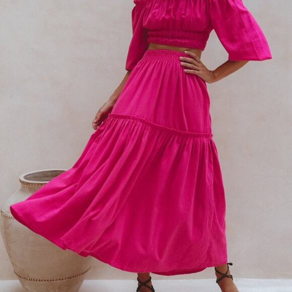 ELF Dresses & Skirts - ELF Annabelle Linen Maxi Skirt Magenta Pink Elastic Waist M